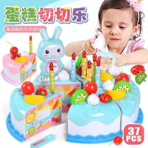 37pcs childrens play house simulation kitchen birthday cake cut to see toys fruit cut music DIY creative gift
