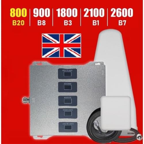 5 BAND signal booster cellular amplifier repeater gsm 2g 3g 4G 800 900 1800 2100 2600 MHZ band 20 8 3 1 7 ALL europe COUNTRY