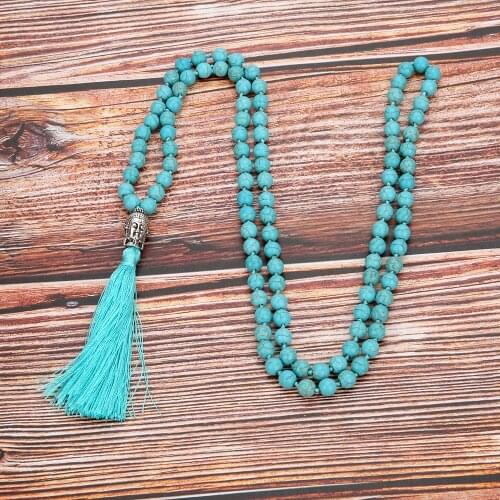 108 Mala Blue Pine Knotted Buddha Head Pendant Tassel Meditation Blessing Yoga Semi-Precious Stone Amulet Jewelry Long Necklace