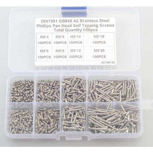 Free shipping 800 pcs 304 stainless steel m2 cross countersunk flat head self tapping screw sets