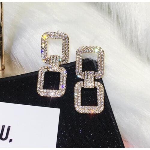 Geometric Crystal Drop Earrings Gold Silver Color Square Shining Dangle Earrings for Women Wedding Party Jewelry