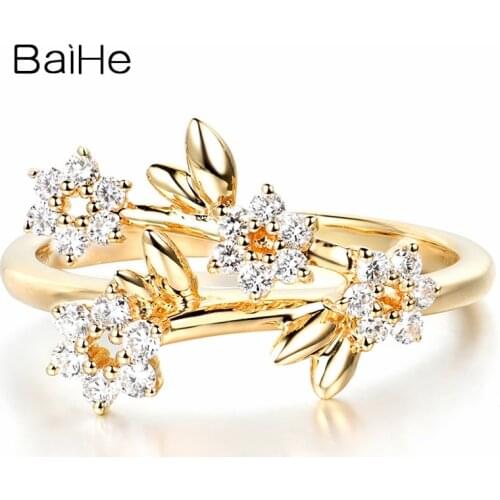 BAIHE Solid 14K Yellow Gold Certified 0.26ct H/SI Round Natural Diamonds Wedding Women Trendy Fine Jewelry Gift Diamond Ring
