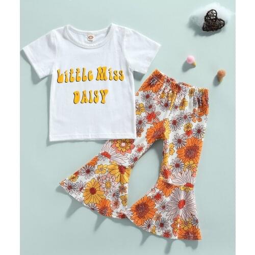 Two Piece Kid Girls Clothes Sets Casual White Round Collar Letter T-shirt Floral Printed Pattern Flared Pants Outfits