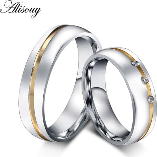 Alisouy wholesale New couple wedding ring lovers rings for women men stainless steel with little CZ stone never rust or fade