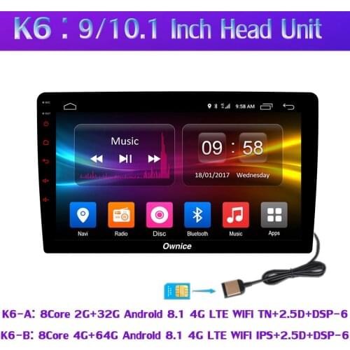 Ownice K6 Ultra-thin 4G SIM LTE+WiFi 8Core Android 8.1 4GB+64GB Car Multimedia Player Radio GPS Navigation SPDIF OUT DSP CarPlay