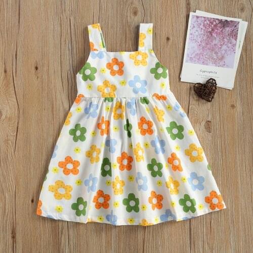 Girls Dress Sleeveless Sling Dress Party Photography 2-7Y Sweet Girls Dress Boho Flower Print Sleeveless Sling Vacation Party
