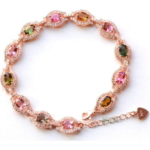 Tourmaline flat multicolor chain +s925 bracelet 16cm +4cm FPPJ wholesale beads nature amazing gemstone