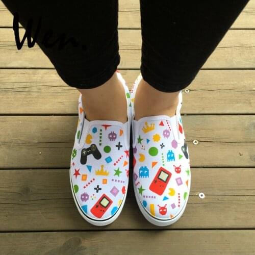 Wen Original Design Hand Painted Shoes Game Console Various Plane Figures Flats Canvas Slip On Sneakers for Man Woman Presents