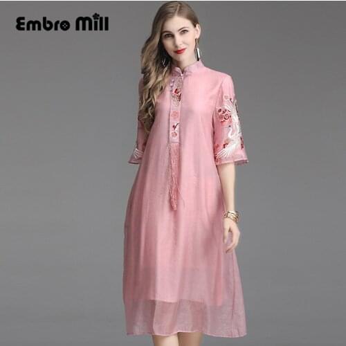 High-end springChinese style noble Standing collar vintage Crane embroidery Improvement cheongsam Chinese style dress S-XXL