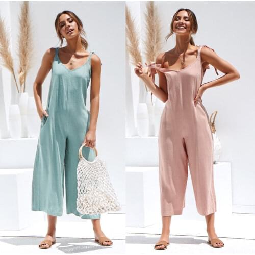 Rompers 2021 Summer new Women Casual Loose Linen Cotton Jumpsuit Sleeveless Backless Playsuit Trousers Overalls