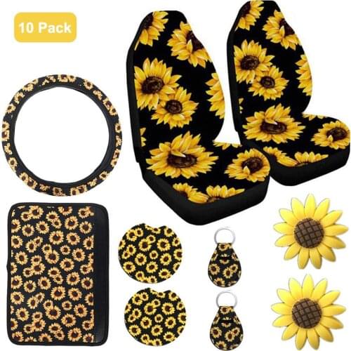 10PCS Car Front Seat Covers Sunflower Pattern Center Pad Covers Armrest Pad Cover Car Cup Holder Coaster Keyring