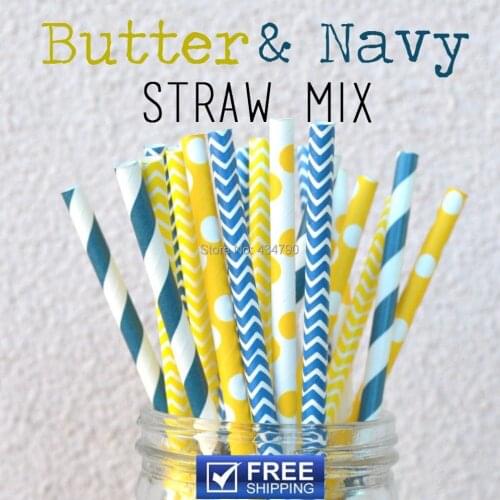 200pcs Mixed 4 Designs Butter and Navy Paper Straws Wholesale, Blue, Navy, Yellow Chevron, Striped, Polka Dot, Party Supplies