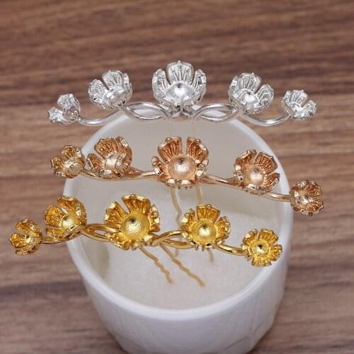 5pcs/lot 5 Flower Bead Cap Tiaras Hairpin Chinese Hair Sticks Wedding Bridal Hair Fork Hair Accessories For Women