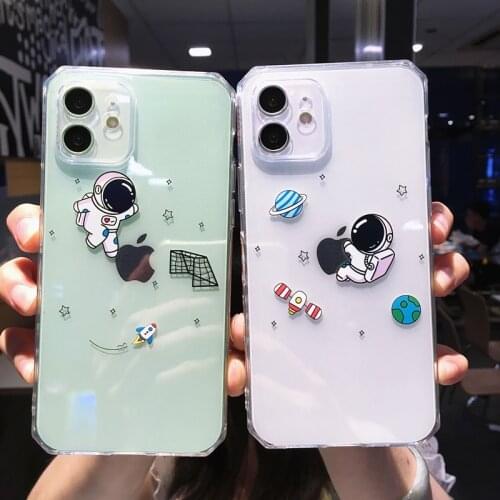 Funny Cute Cartoon Astronaut Clear Phone Case For iPhone 12 Pro Max 11 X XS XR 7 8 Plus Couple Transparent Soft Shockproof Cover