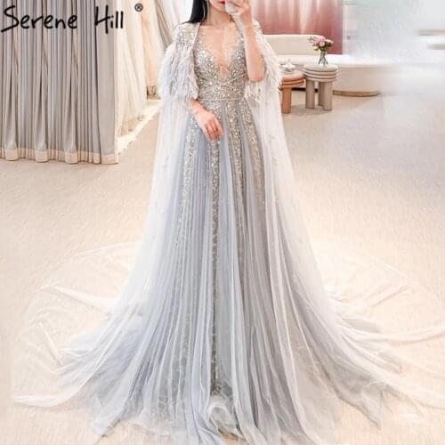 Dubai Arabia Shawl Yarn Grey Luxury Feathers Cape Beading Evening Dresses 2021 Formal Dress Serene Hill LA70640