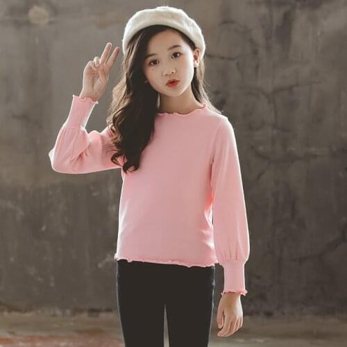 Spring Long Sleeve T-shirt for Kids Girls Cotton Child Solid Color Tops Fashion Teenage White Wave Bottom Clothes 6 8 12 14Yrs