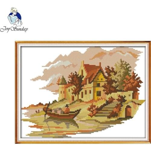 Joy Sunday scenic style The lakeside houses make a small cross stitch pattern kits for beginners embroidery crafts painting