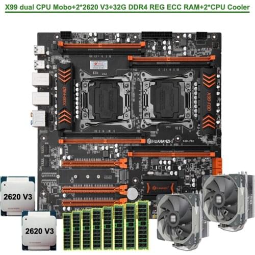 HUANANZHI X99-F8D Dual CPU Motherboard Combos 2 CPU Xeon 2620 V3 Dual CPU Coolers 32G RAM DDR4 REG ECC Build Computer DIY