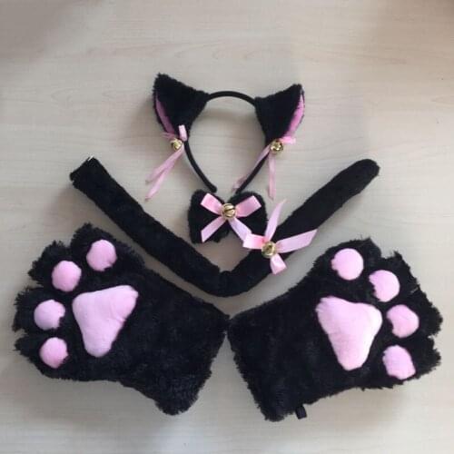 MeetLife Cat Maid Cosplay Costume Anime Neko Plush Lace Gloves Paw Ear Headband Tail Tie Accessories Party 5PCS/Set