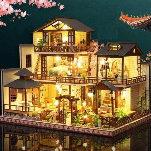 DIY Wooden Miniature Doll House Kit Chinese Cottage Large Casa Furniture Villa Dollhouse Assembled Toys for Adults Xmas Gifts