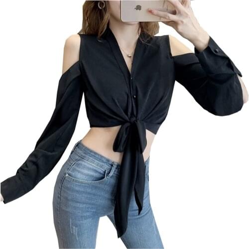 Fashion women V-Neck short style Solid black color Sexy off shoulder full sleeve lady ribbon shirt tops