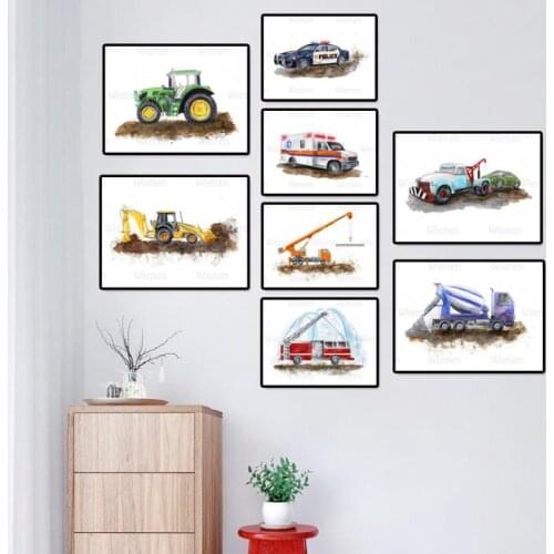 Cartoon Transportation Engineering Vehicle Wall Art Canvas Painting Fire Truck Nordic Posters and Prints Nursery Baby Room Decor