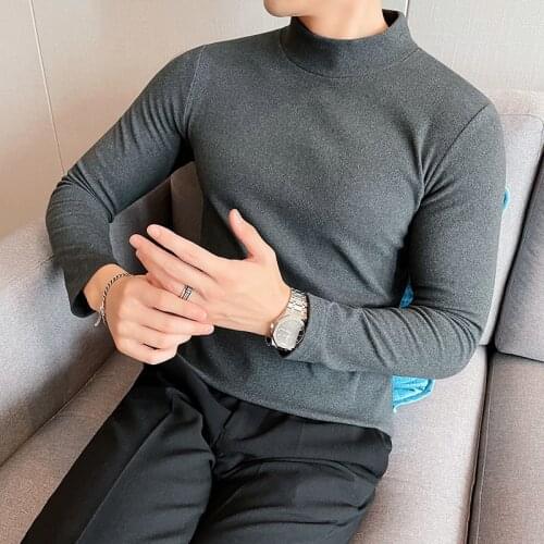 Plus Size 4XL-M Autumn Winter New Solid Turtleneck T-Shirt Men Long Sleeve Simple Slim Fit Casual Warm Velvet Tee Shirt Homme