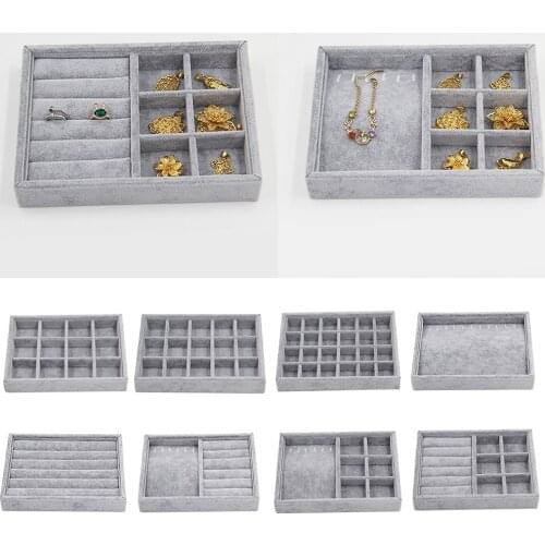 Hot Sales Fashion Portable Velvet Jewelry Organizer Box Gray Beige Velvet Stackable Jewelry Display Tray Case for Jewellery