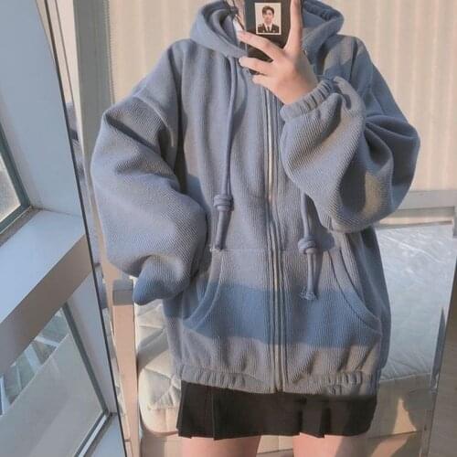 Autumn and winter zipper Hooded Jacket cute age reduced Plush womens Korean version loose and lazy top fashion