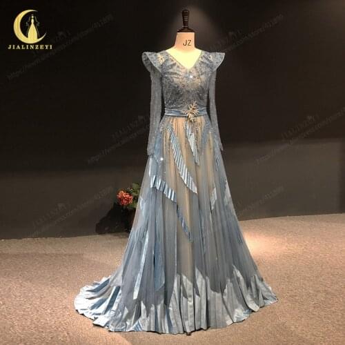 Rhine real Pictures Zuhair Murad v neck long sleeves light Gery A-line Crystal Velet arabic evening dresses long