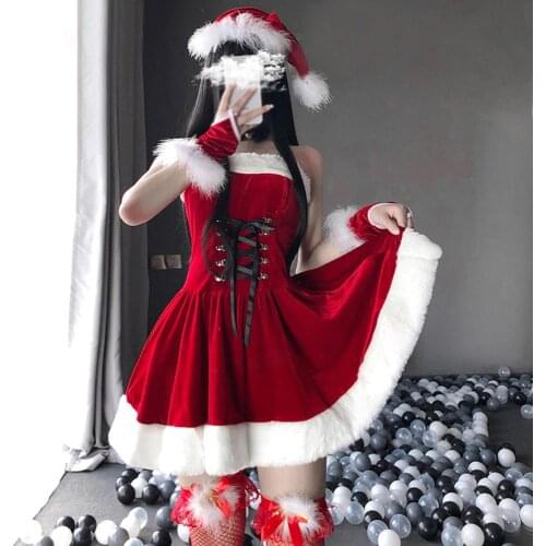 Christmas Xmas Party Lady Miss Santa Claus Cosplay Costume Sexy Uniform Sleeveless Maid Waitress Winter A-Line Tube Dress Gift