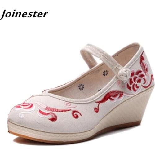 Ethnic Embroidered Wedge Pumps for Women Женские туфли Retro Mary Jane Canvas Shoes Ladies Closed Toe Sandals Female High Heels