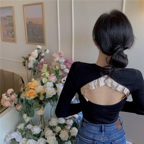 Backless Black T-shirt Womens Autumn 2020 New Korean Sexy Howllow Out Sexy T-Shirts Elegant Slim Thin Ruffled Long-sleeved Tops