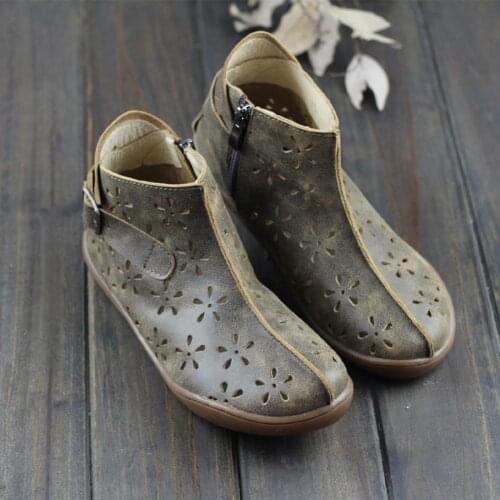 WomenS Ankle Boots Leather Handmade Hollow Mori Girl Shoes Flats Grey