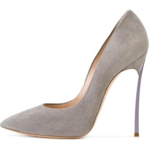 Moraima Snc Newest Grey Suede High Heel Shoes Sexy Pointed Toe Thin Heels Woman Pumps 12cm Party Dress Shoes