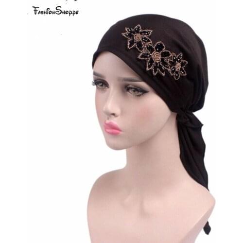 2018 beaded flower stretchy Pre-Tied Bandana head Scarf Head wrap scarves Chemo cap turban Turban Ladies Turbante Muslim Hijab