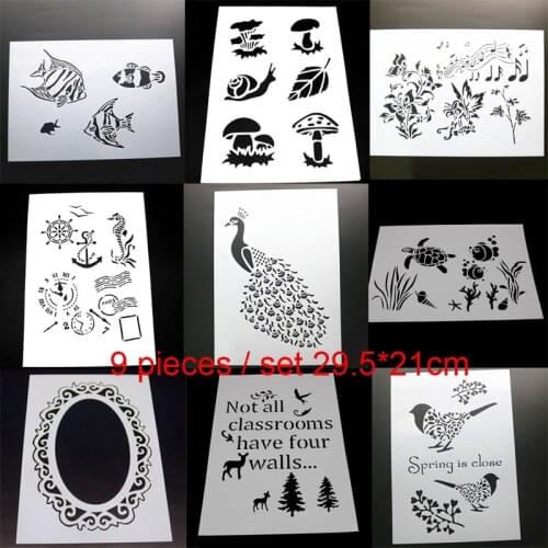 9pcs Stencil Bullet Journal Animal Painting Template Scrapbook Coloring Embossing Album Decor Office School Supplies Reusable