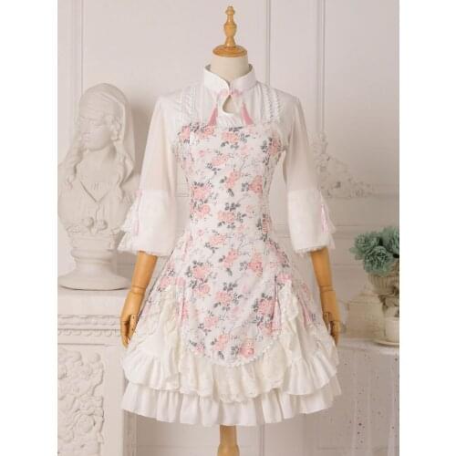 Chinese Style Lolita One Piece Dress Floral Ruffled Half Sleeve Lolita Dress