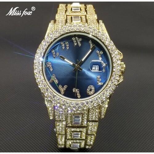 MISSFOX Luxury Men Watches Women Top Brand Hip Hop Diamond Quartz Wristwatch Punk Bule Dial Stainless Steel Clock Couples Gift