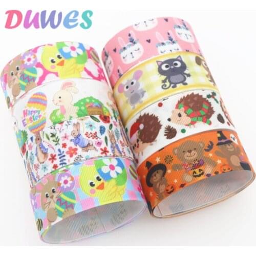 DUWES 50yards rabbit bear animals Printed Grosgrain Ribbon Accessory Hairbow Headwear Decoration DIY Wholesale OEM D1295