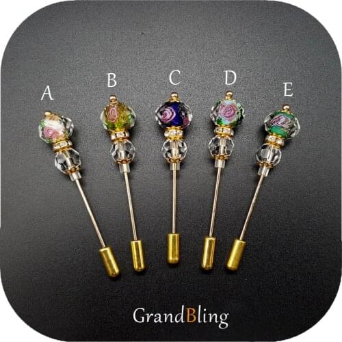 Fancy Coloured Glaze Beads Long Stick Lapel Pins Handmade Hijab Pins 5 Colors Available