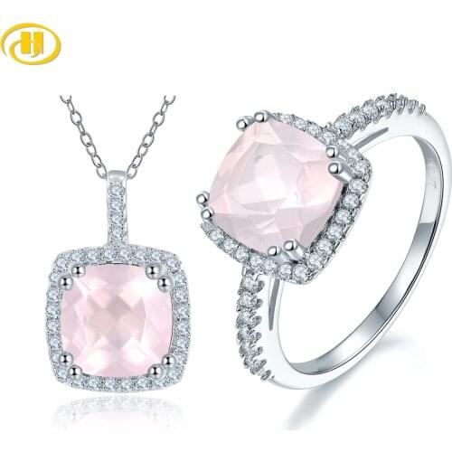 Hutang Natural Rose Quartz Sterling Silver Jewelry Set 4.5 Carats Faced Cut Romantic Elegant Design Women Fine Jewelry Gifts