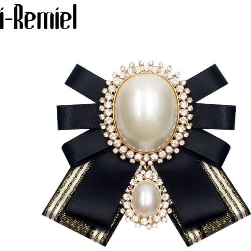 I-Remiel Fashion New Korean Pearl Bow Tie Brooch for Female Ancient Rhinestone Lapel Pin Badge Corsage Shirt Collar Accessories