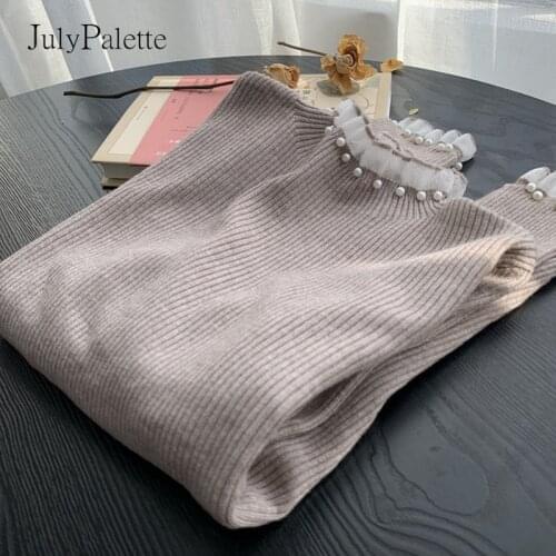 JulyPalette 2021 Autumn Knitted Sweater Women Pearl Ruffles Splice Pullover Winter Long Sleeve Half High Collar Slim Warm Jumper