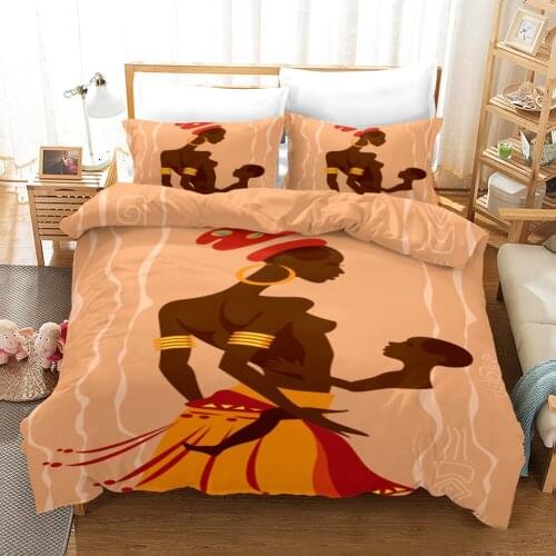 Ancient Orange African Women Bedding Set Tribal Girl Duvet Cover with Pillowcases 3pcs Soft Comforter Cover Decor Bedroom Queen