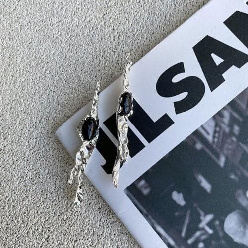 SRCOI Trendy Geometric Irregular Long Earring Simple Bumped Metal Textured Silver-Plated Drop Earring Women Punk Jewelry 202104
