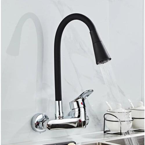 Wall Mounted Kitchen Faucet Wall Kitchen Mixers Kitchen Sink Tap 360 Degree free Swivel Flexible Hose Double Holes