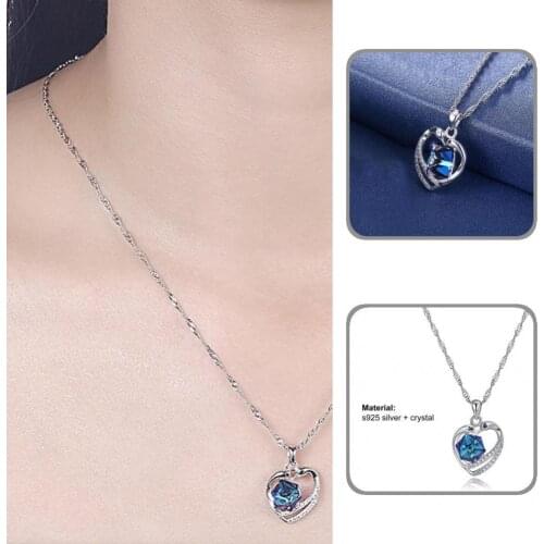 Lightweight Simple Heart Shape Blue Faux Crystal Necklace Women Collarbone Chain All Match for Prom
