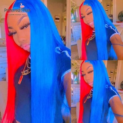 Preferred Half Red Half Blonde Lace Front Wig With Baby Hair Preplucked Brazilian Remy Pink Blue Human Hair Wigs For Black Women