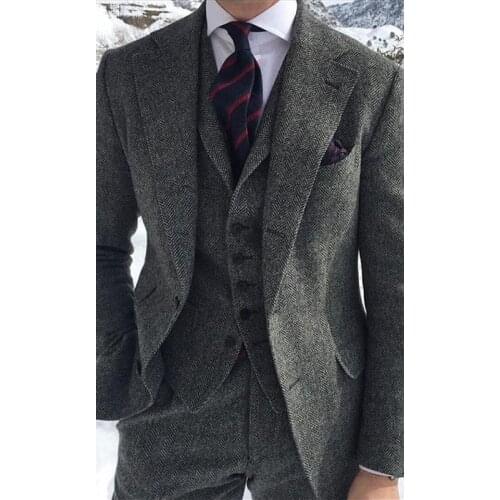 Herringbone Woollen Tweed Grey Suits For Men Formal Business Groom Wedding Tuxedo 3 Piece Man Suit Jacket Waistcoat with Pants